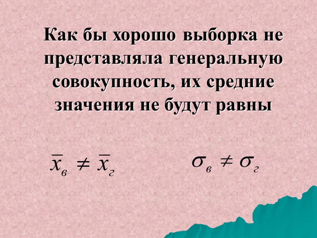 Как бы хорошо выборка не представляла генеральную совокупность, их средние значения не будут равны